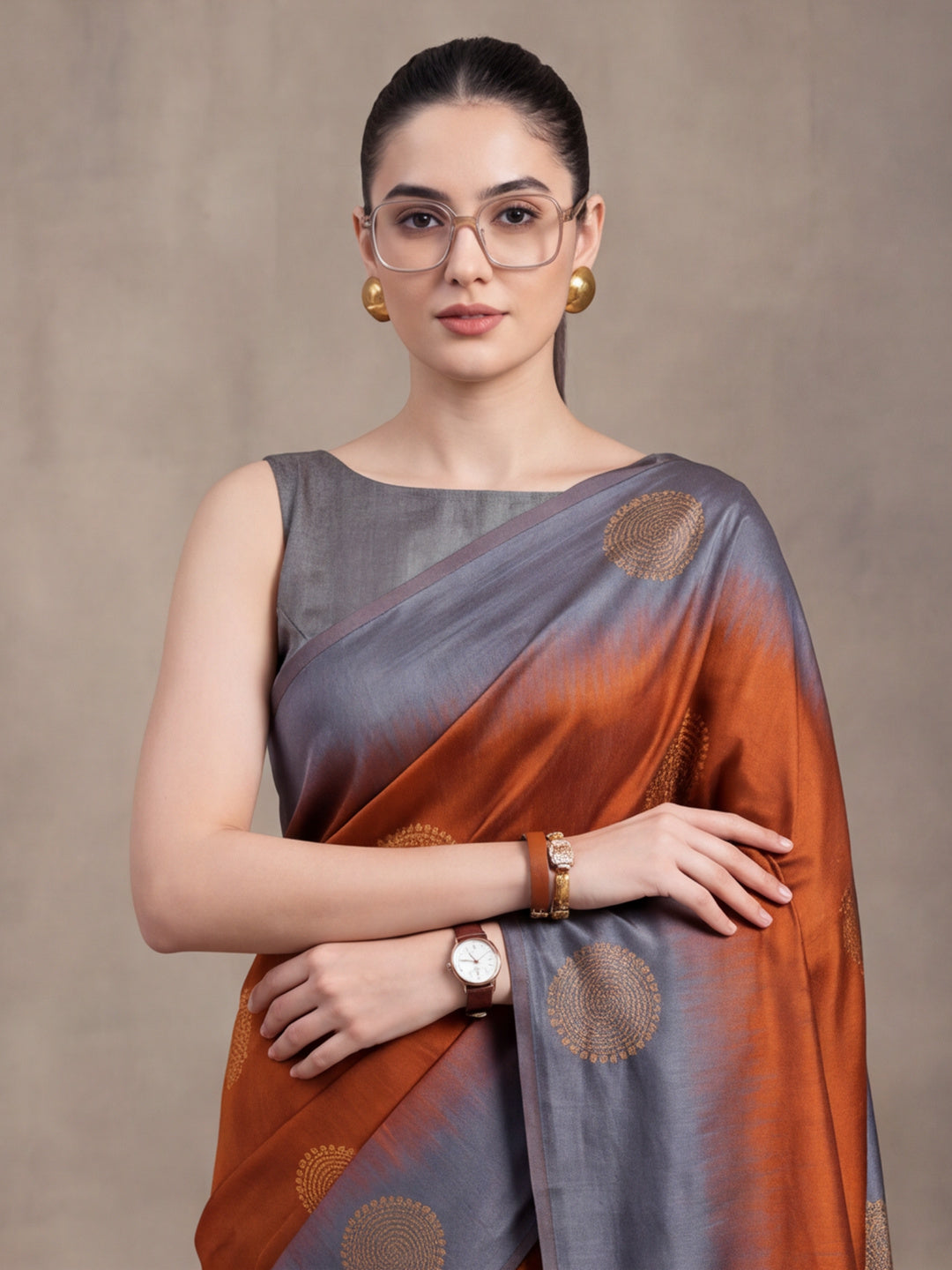 Women Rust Banarasi Jacquard Saree with Grey Zari Woven Border and Tassel Pallu