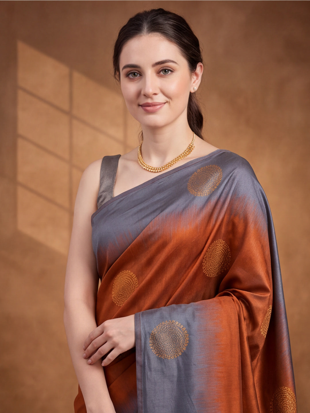 Women Rust Banarasi Jacquard Saree with Grey Zari Woven Border and Tassel Pallu