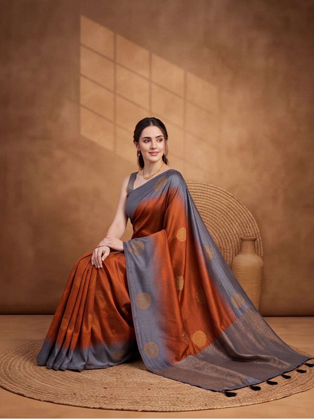 Women Rust Banarasi Jacquard Saree with Grey Zari Woven Border and Tassel Pallu