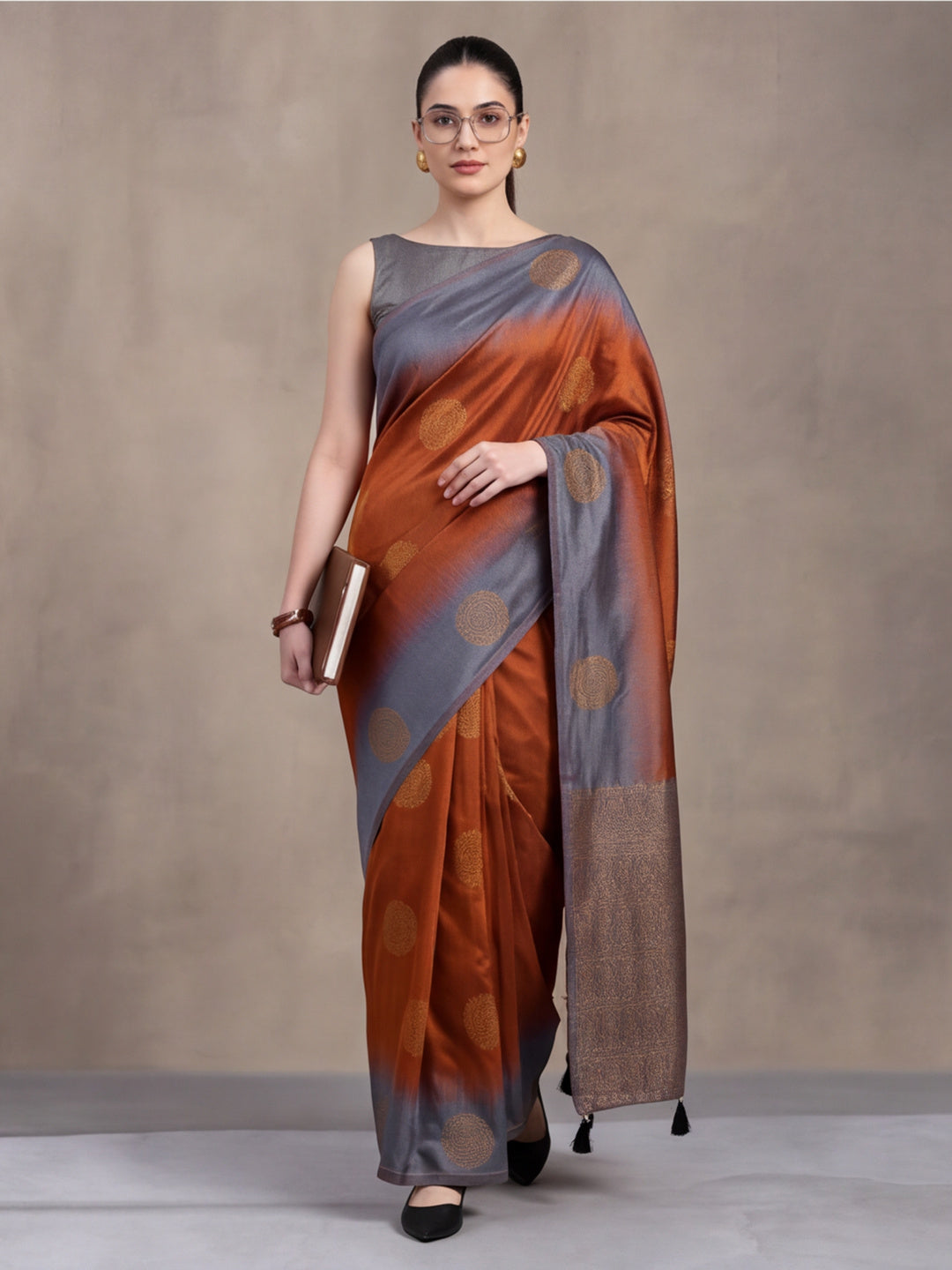 Women Rust Banarasi Jacquard Saree with Grey Zari Woven Border and Tassel Pallu