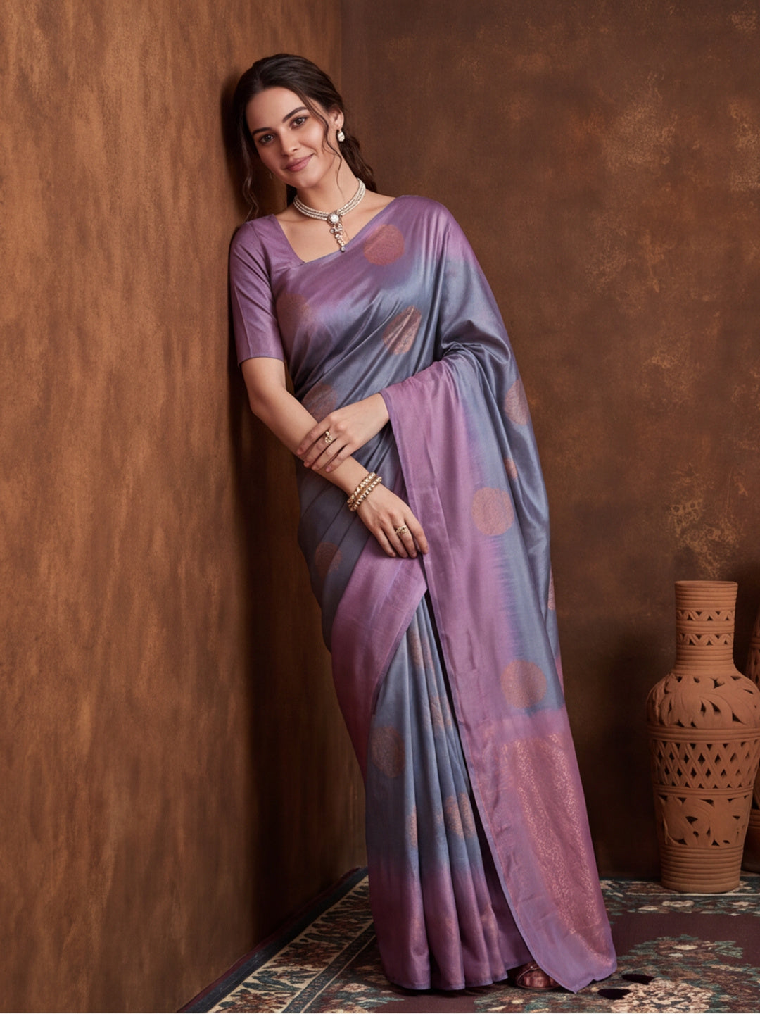 Women Grey Banarasi Jacquard Saree with Lavender Zari Woven Border and Tassel Pallu