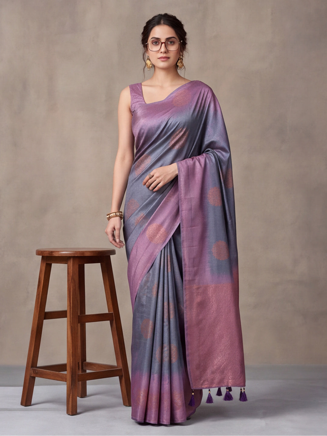 Women Grey Banarasi Jacquard Saree with Lavender Zari Woven Border and Tassel Pallu