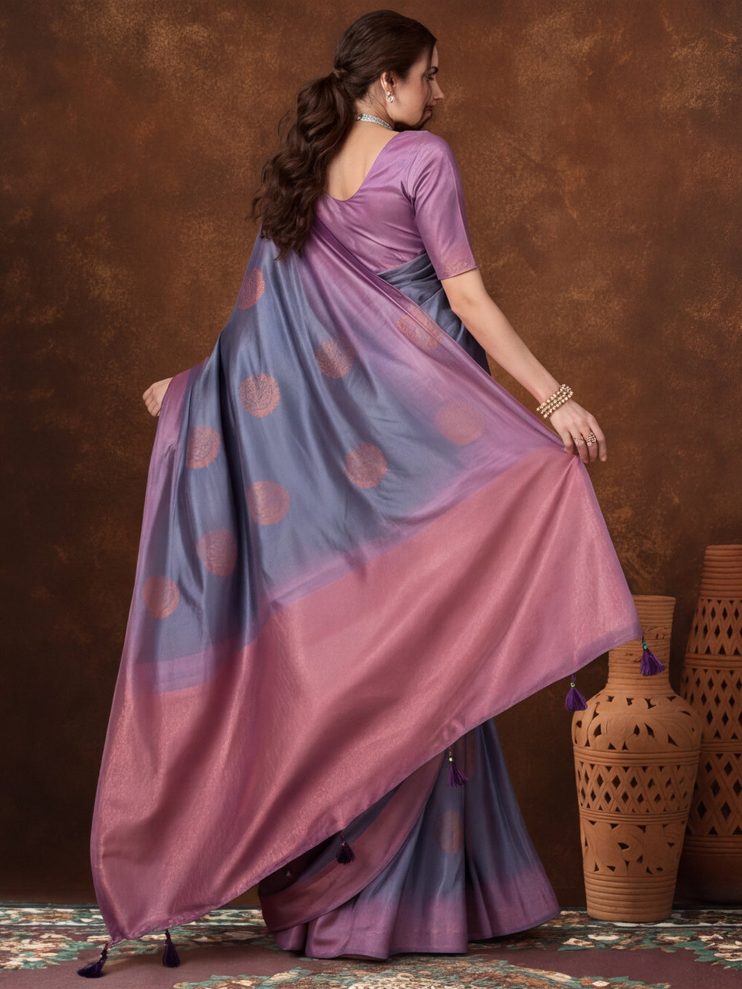 Women Grey Banarasi Jacquard Saree with Lavender Zari Woven Border and Tassel Pallu