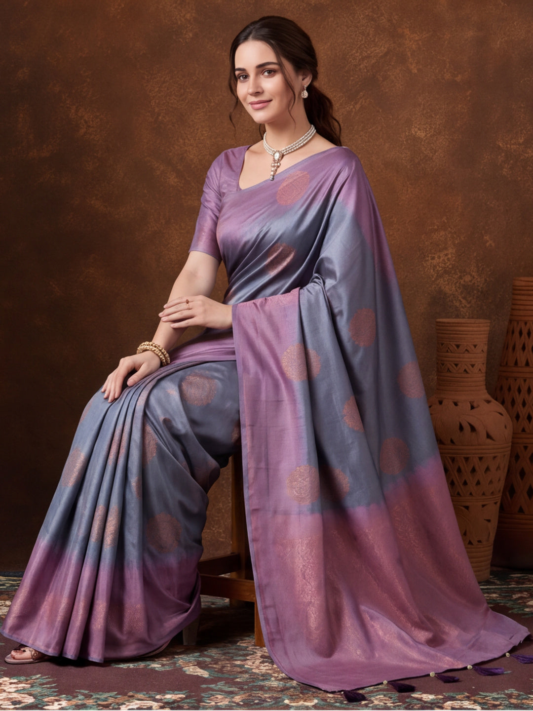 Women Grey Banarasi Jacquard Saree with Lavender Zari Woven Border and Tassel Pallu