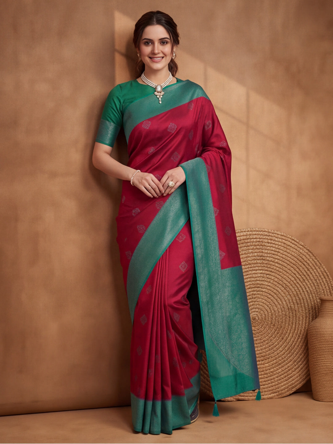 Women Magenta Banarasi Silk Blend Saree with Teal Green Zari Woven Border & Tassel Pallu