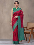 Women Magenta Banarasi Silk Blend Saree with Teal Green Zari Woven Border & Tassel Pallu