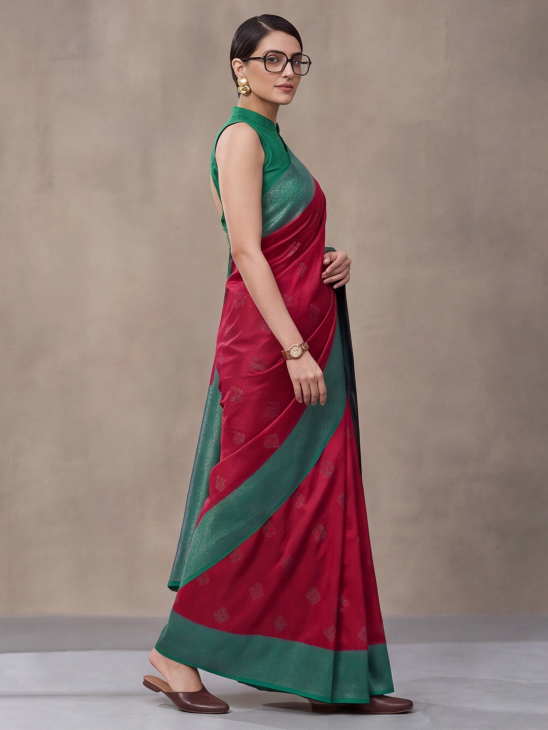 Women Magenta Banarasi Silk Blend Saree with Teal Green Zari Woven Border & Tassel Pallu