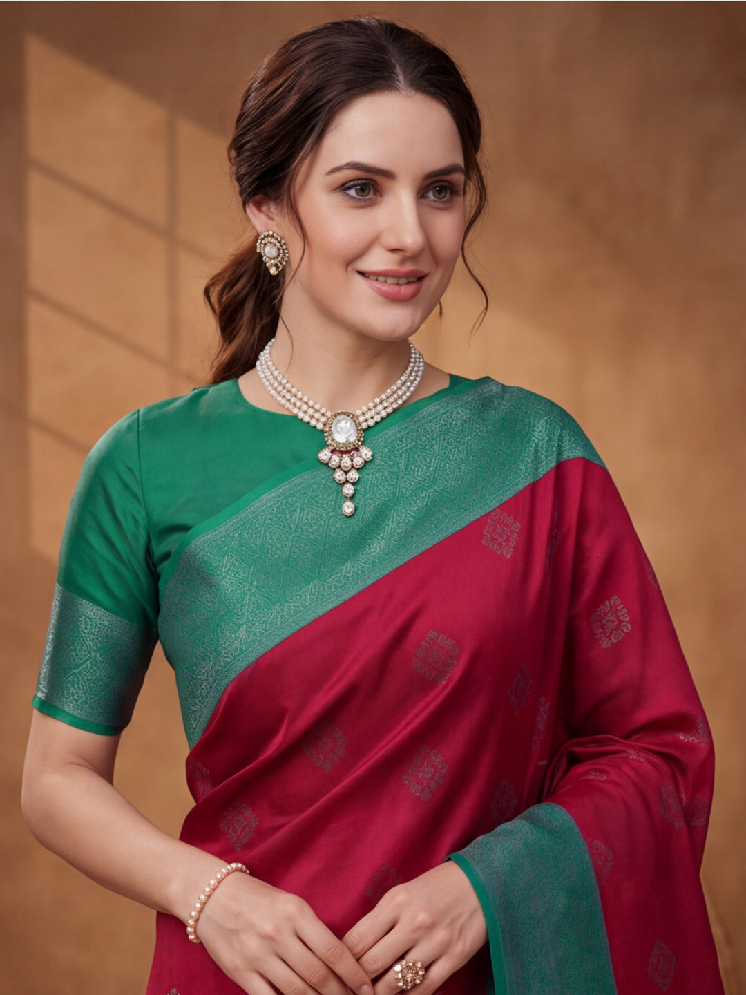 Women Magenta Banarasi Silk Blend Saree with Teal Green Zari Woven Border & Tassel Pallu