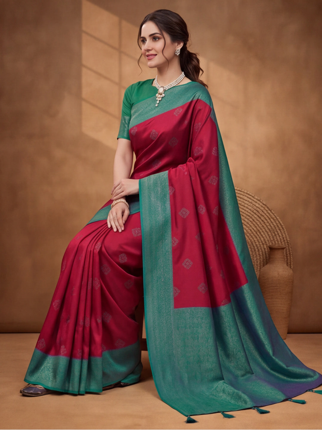 Women Magenta Banarasi Silk Blend Saree with Teal Green Zari Woven Border & Tassel Pallu