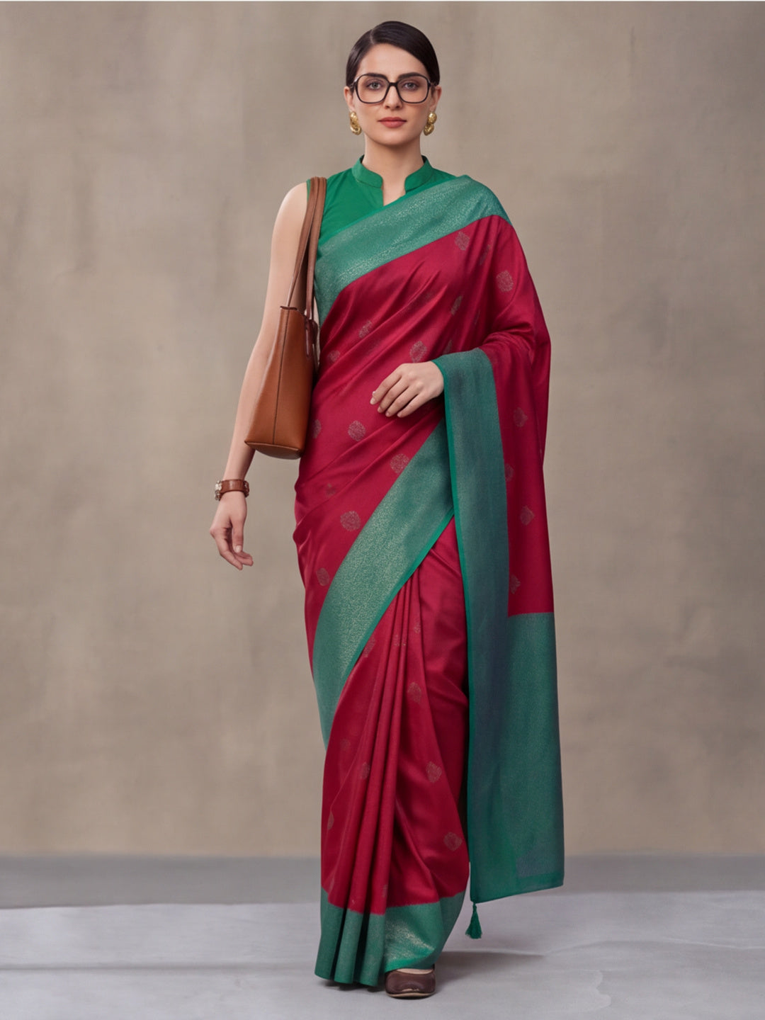 Women Magenta Banarasi Silk Blend Saree with Teal Green Zari Woven Border & Tassel Pallu
