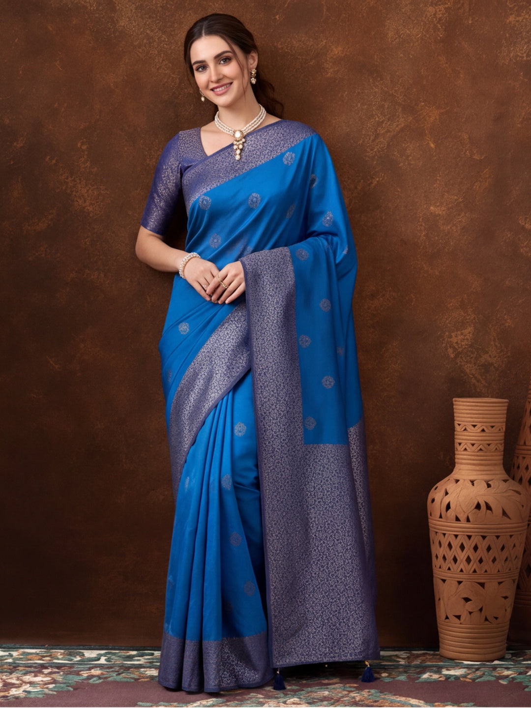 Women Blue Banarasi Silk Blend Saree with Zari Woven Border & Tassel Pallu