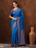 Women Blue Banarasi Silk Blend Saree with Zari Woven Border & Tassel Pallu
