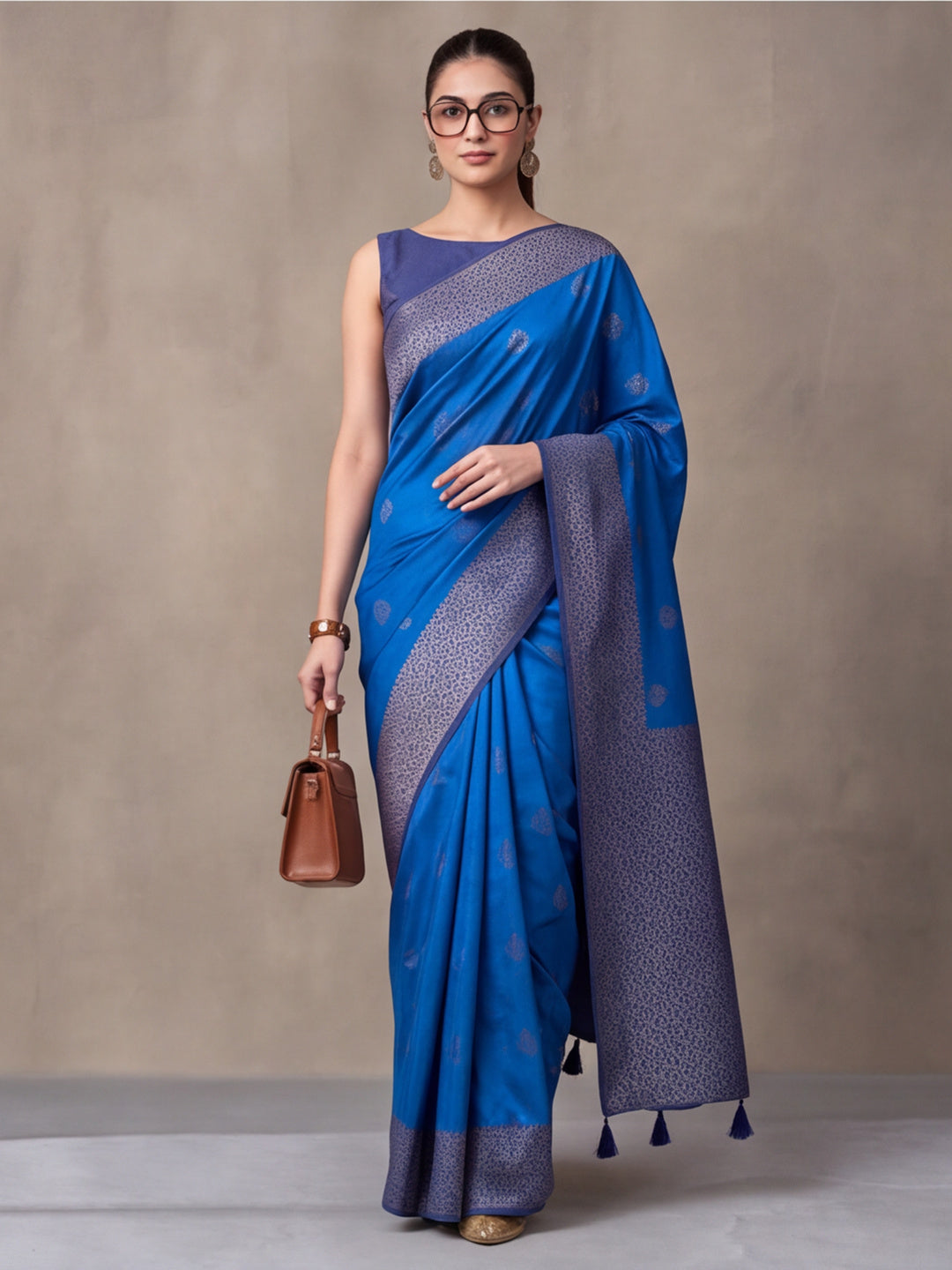 Women Blue Banarasi Silk Blend Saree with Zari Woven Border & Tassel Pallu
