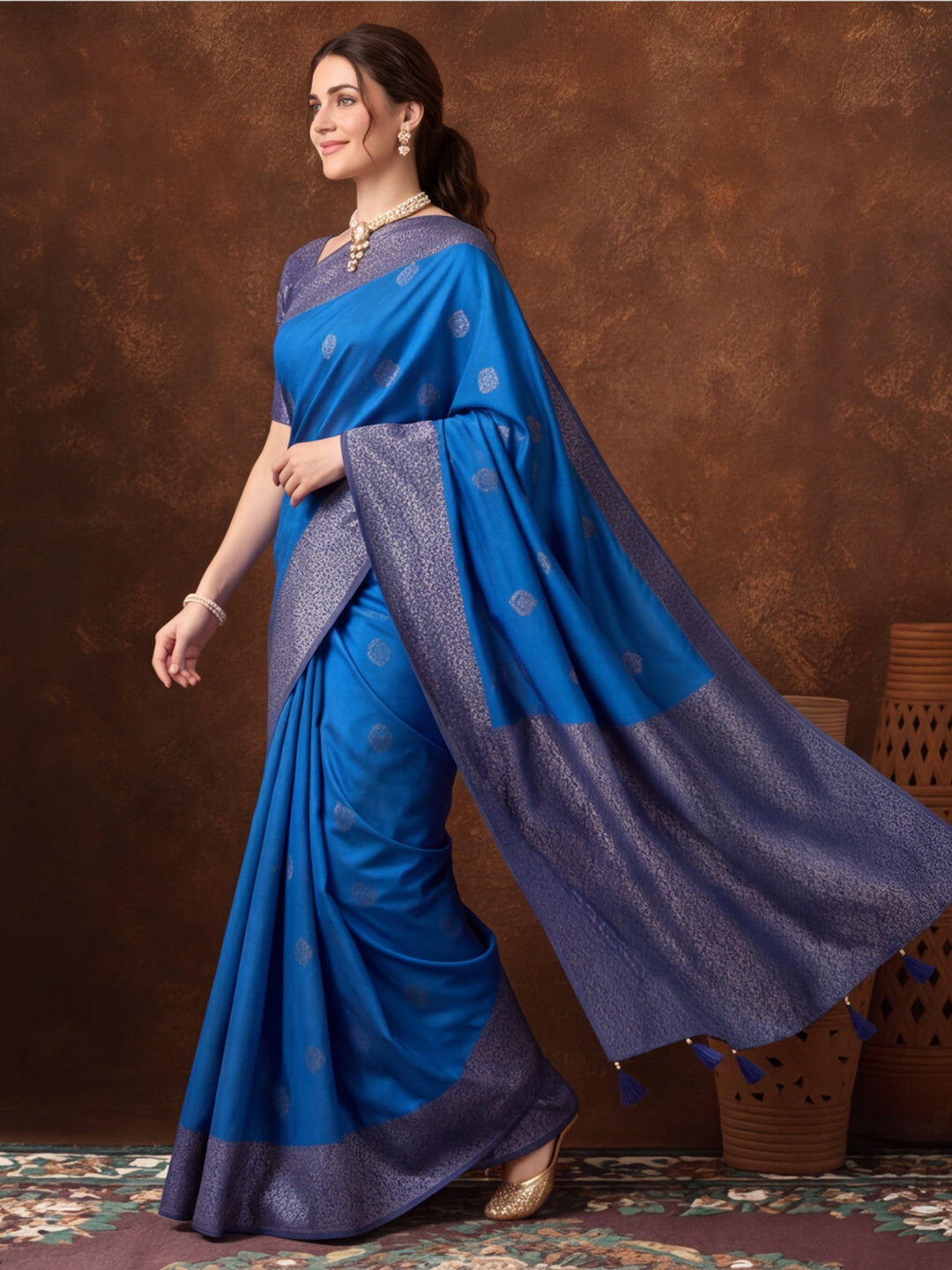 Women Blue Banarasi Silk Blend Saree with Zari Woven Border & Tassel Pallu