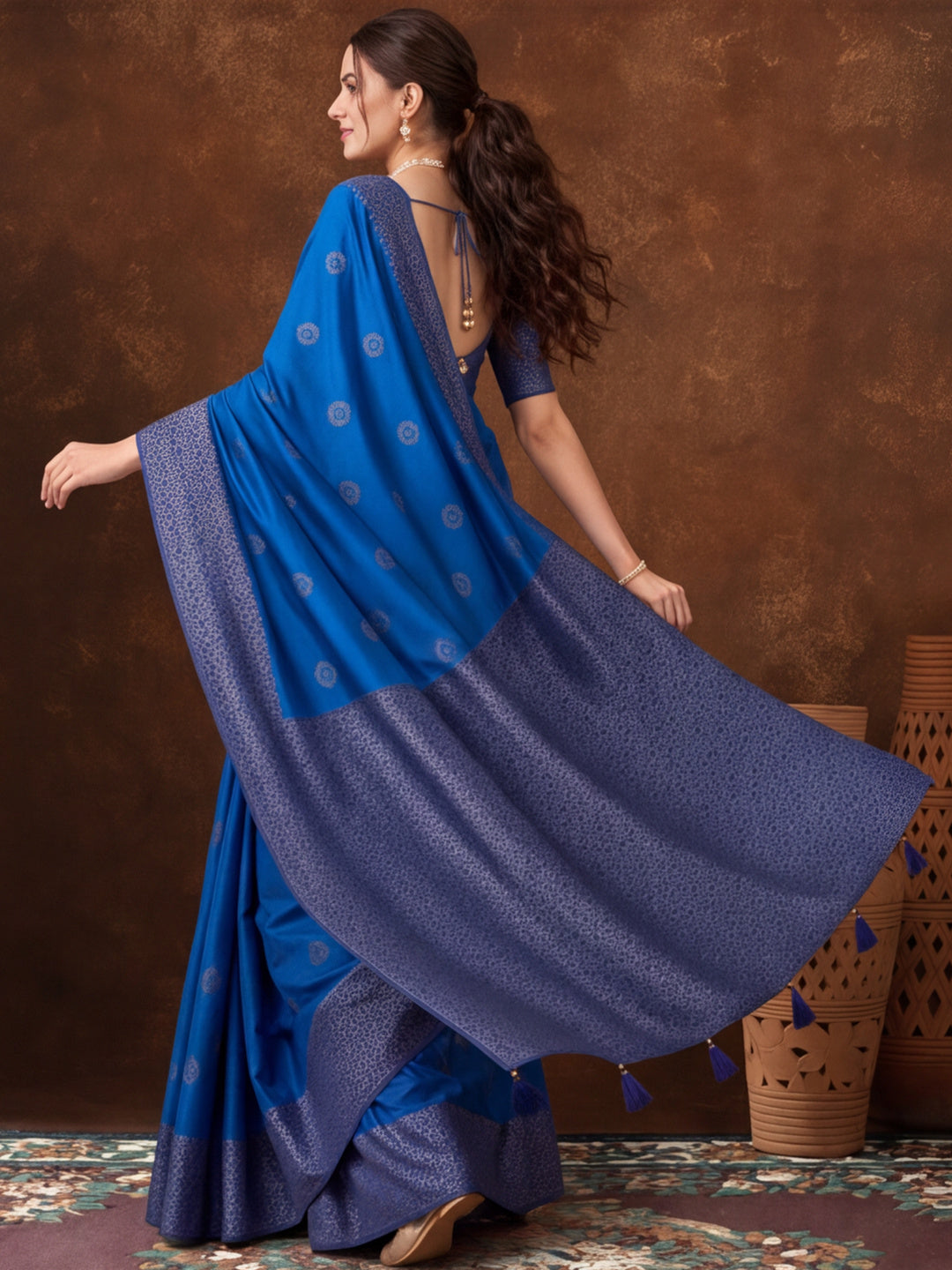 Women Blue Banarasi Silk Blend Saree with Zari Woven Border & Tassel Pallu