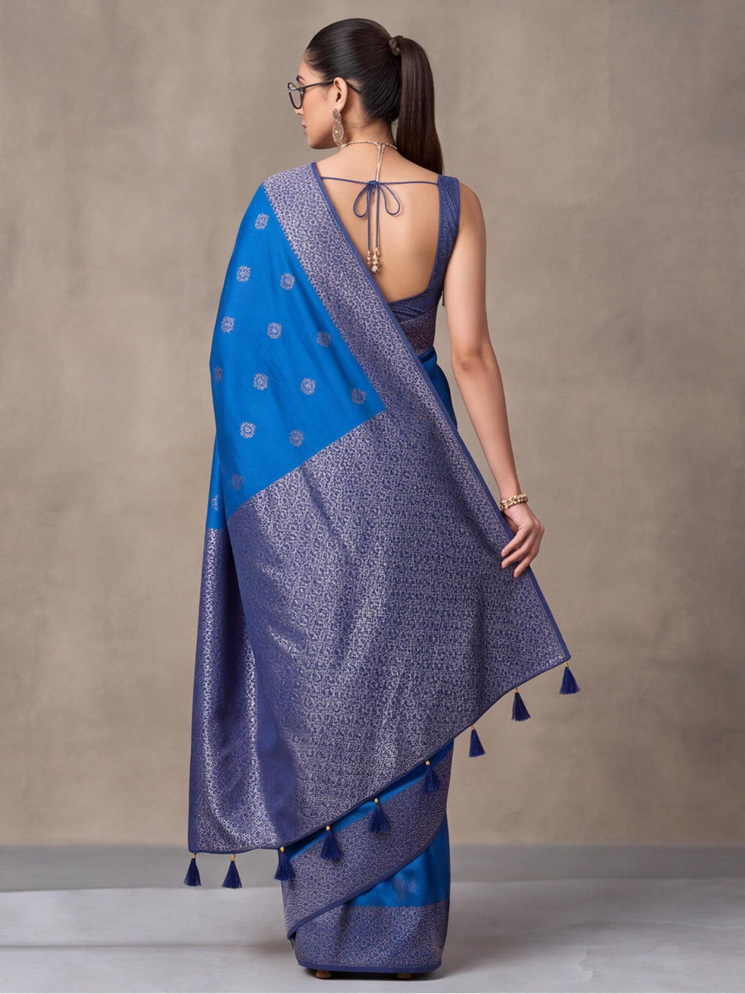 Women Blue Banarasi Silk Blend Saree with Zari Woven Border & Tassel Pallu