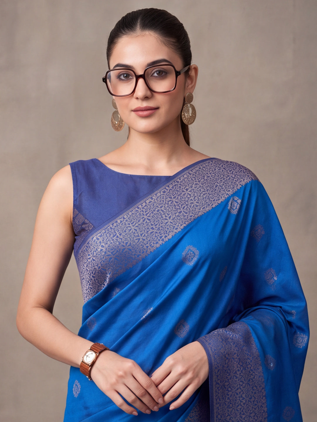 Women Blue Banarasi Silk Blend Saree with Zari Woven Border & Tassel Pallu