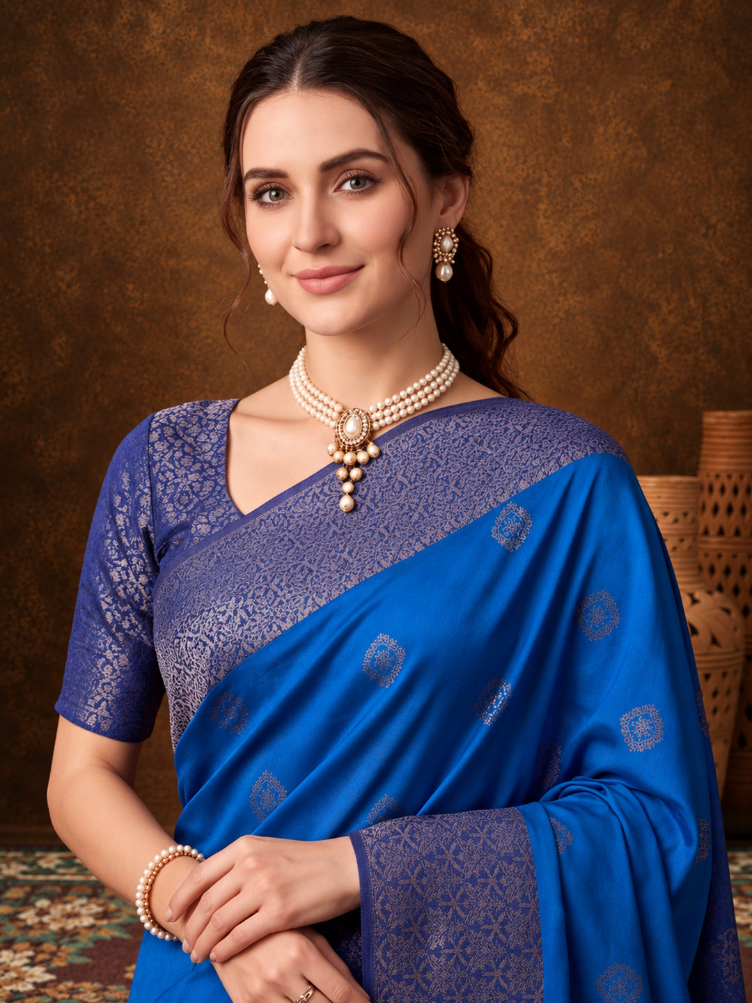 Women Blue Banarasi Silk Blend Saree with Zari Woven Border & Tassel Pallu