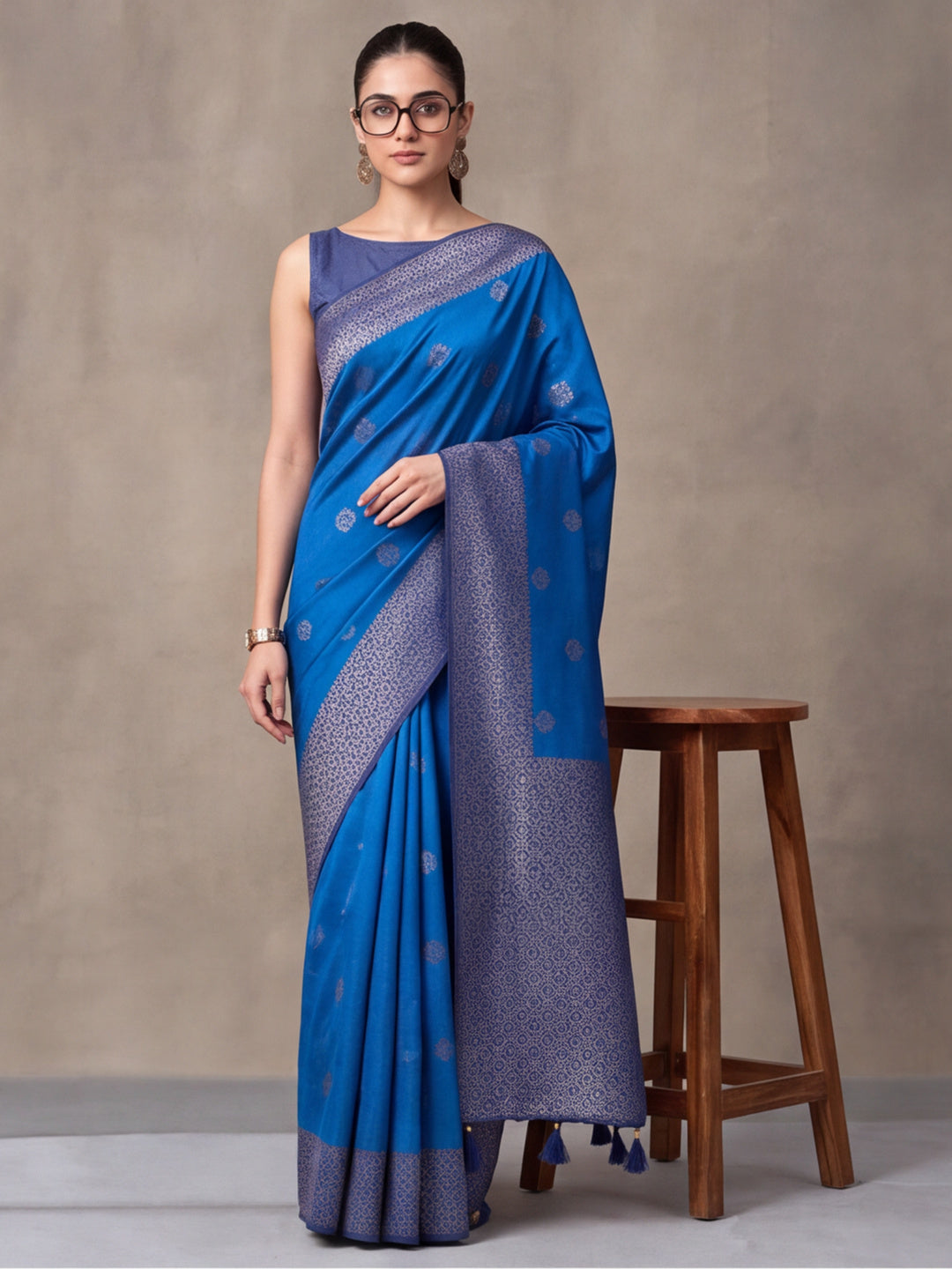 Women Blue Banarasi Silk Blend Saree with Zari Woven Border & Tassel Pallu