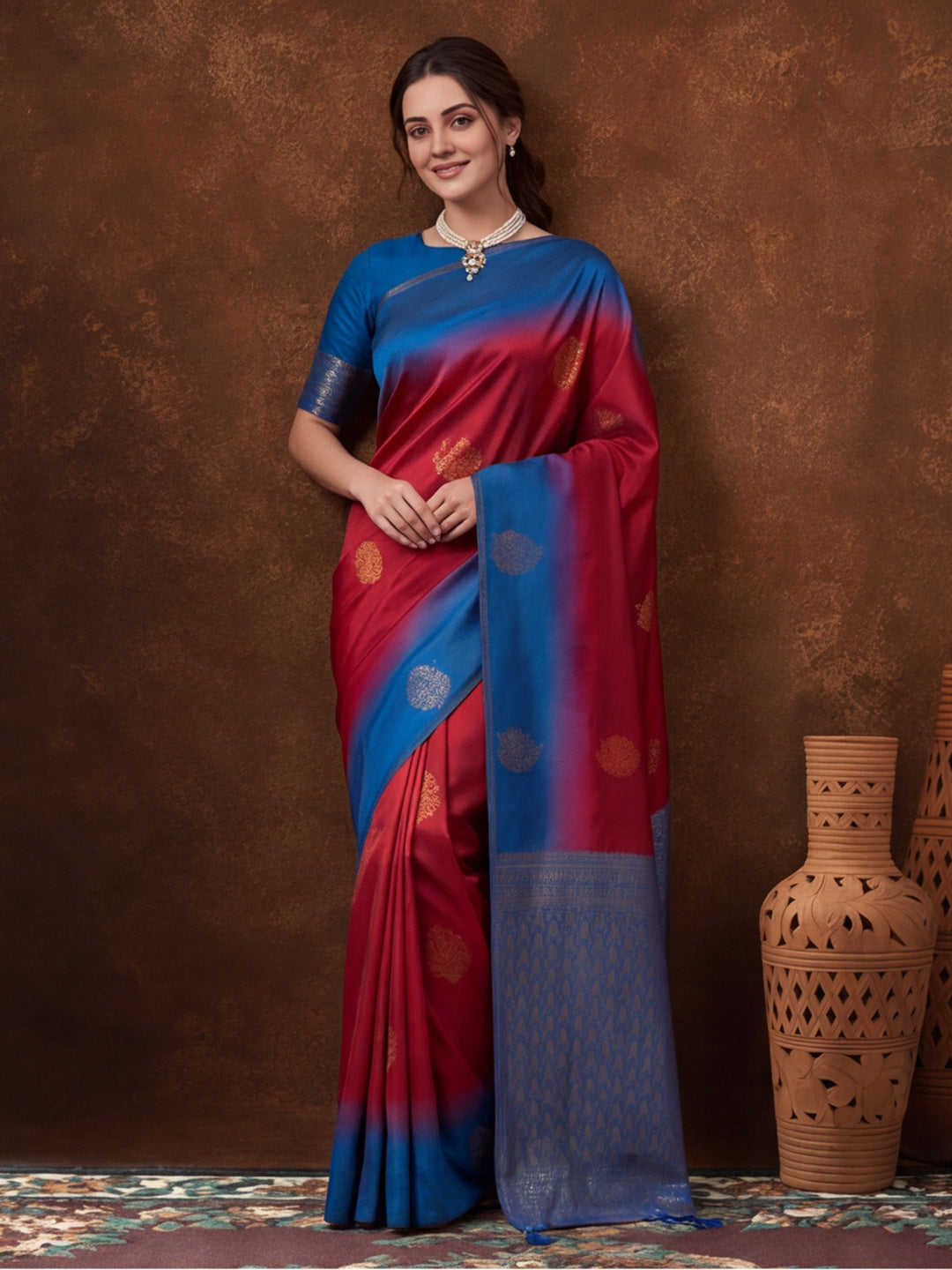 Women Pink & Royal Blue Banarasi Silk Blend Saree with Zari Butti Woven Pallu