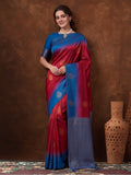 Women Pink & Royal Blue Banarasi Silk Blend Saree with Zari Butti Woven Pallu