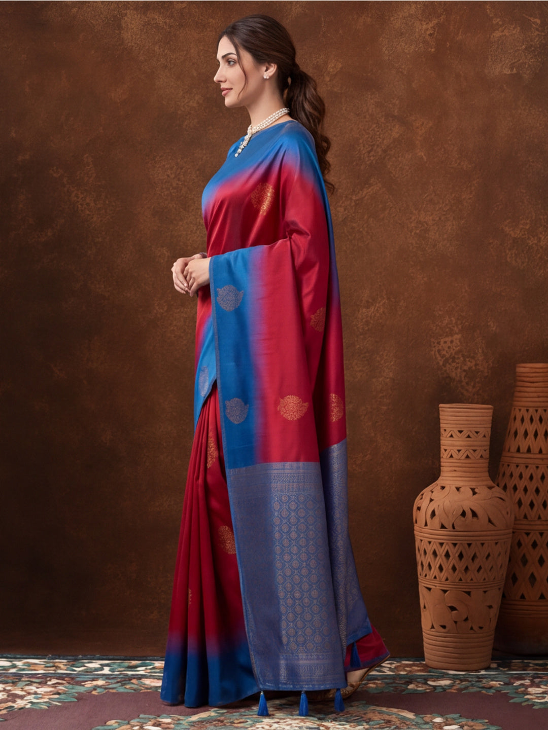Women Pink & Royal Blue Banarasi Silk Blend Saree with Zari Butti Woven Pallu
