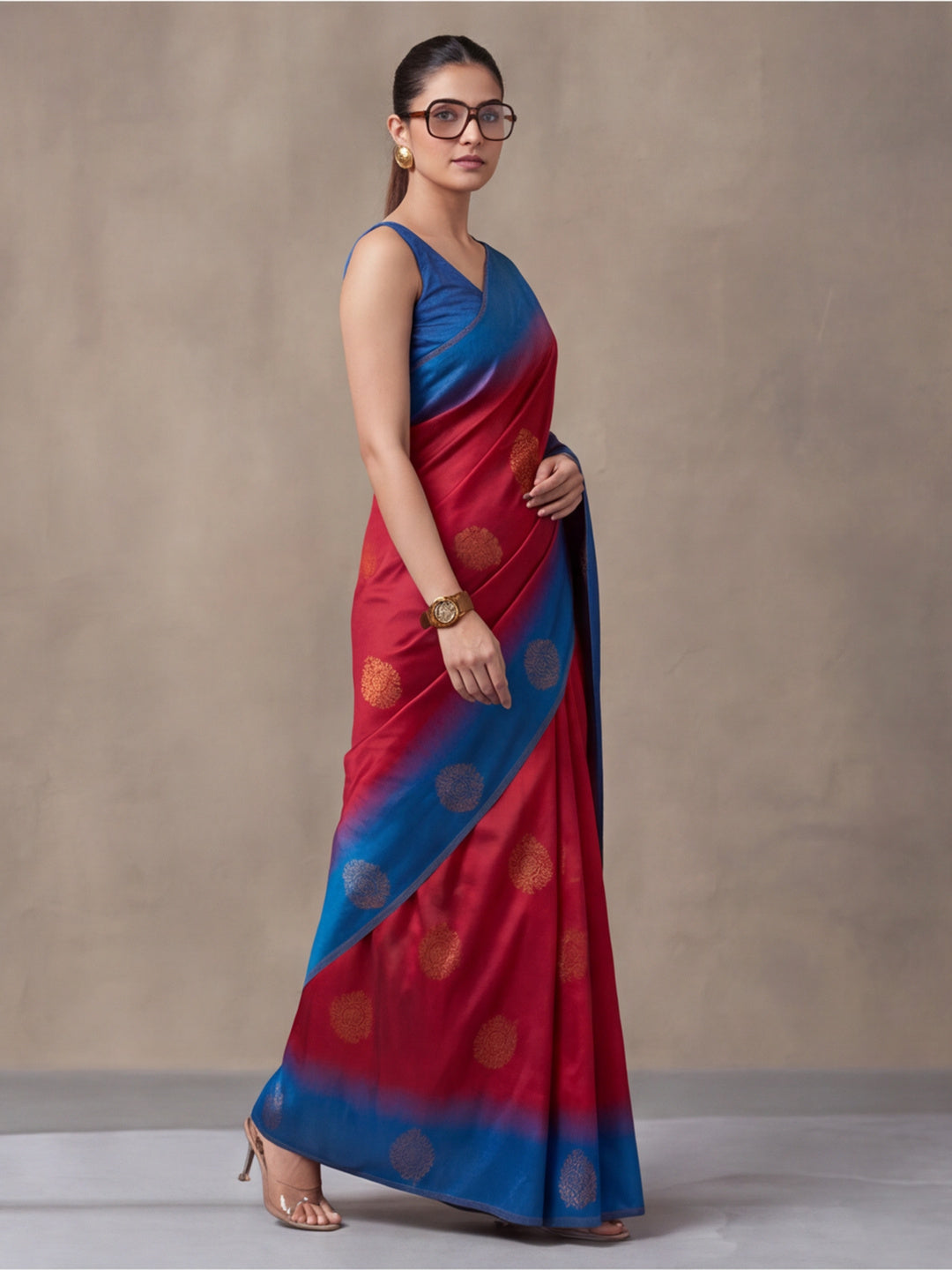 Women Pink & Royal Blue Banarasi Silk Blend Saree with Zari Butti Woven Pallu