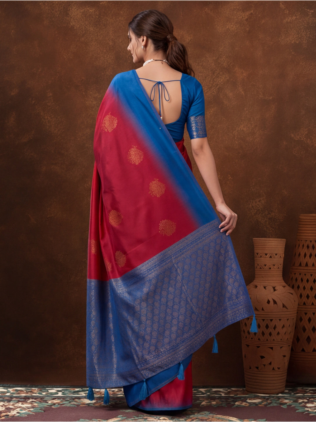 Women Pink & Royal Blue Banarasi Silk Blend Saree with Zari Butti Woven Pallu