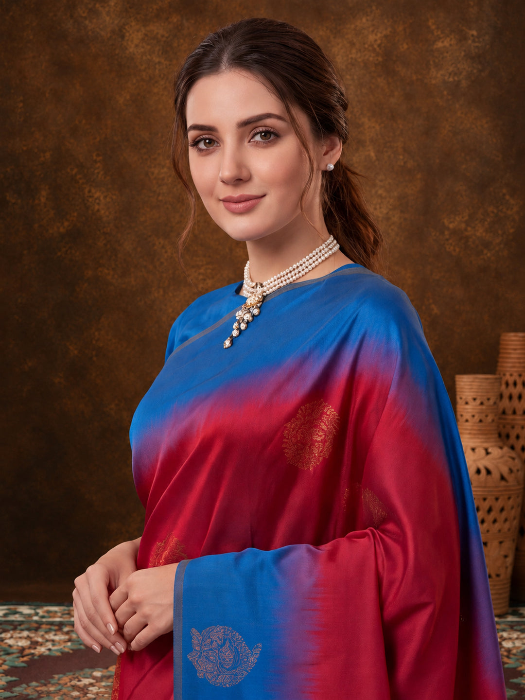 Women Pink & Royal Blue Banarasi Silk Blend Saree with Zari Butti Woven Pallu