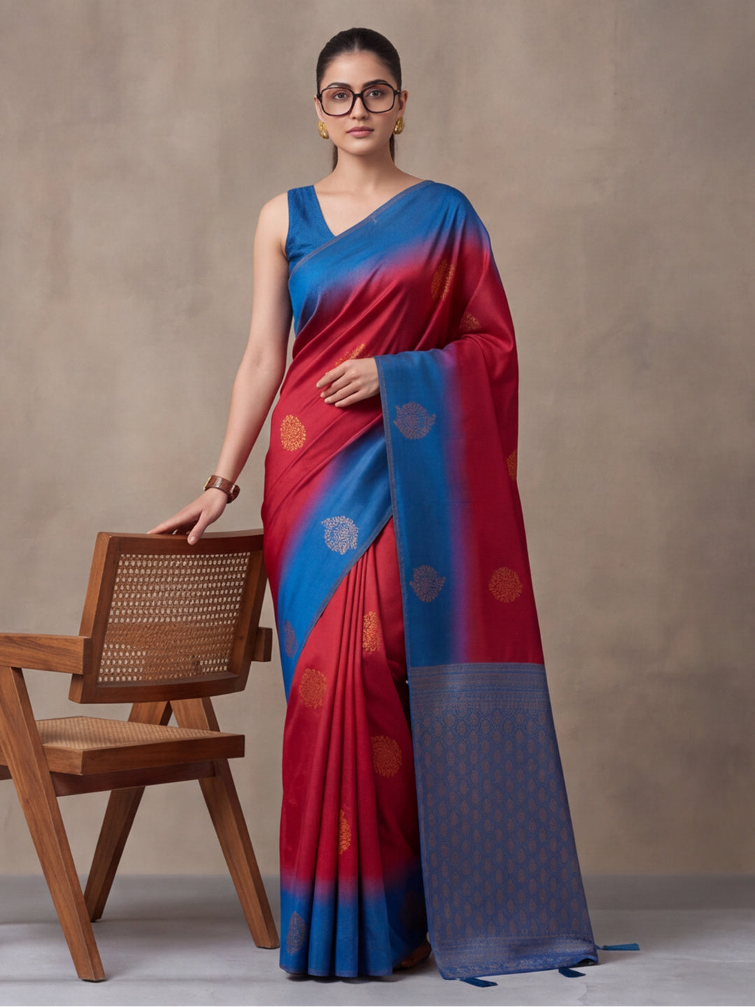 Women Pink & Royal Blue Banarasi Silk Blend Saree with Zari Butti Woven Pallu