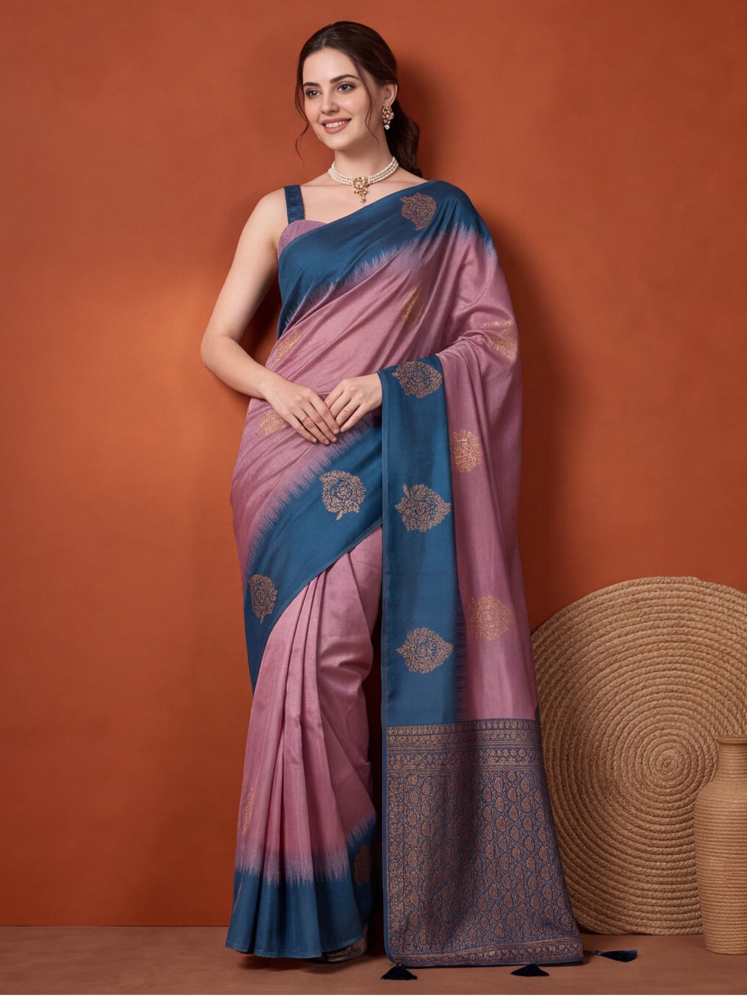 Women Purple & Teal Banarasi Silk Blend Saree with Zari Butti Woven Pallu
