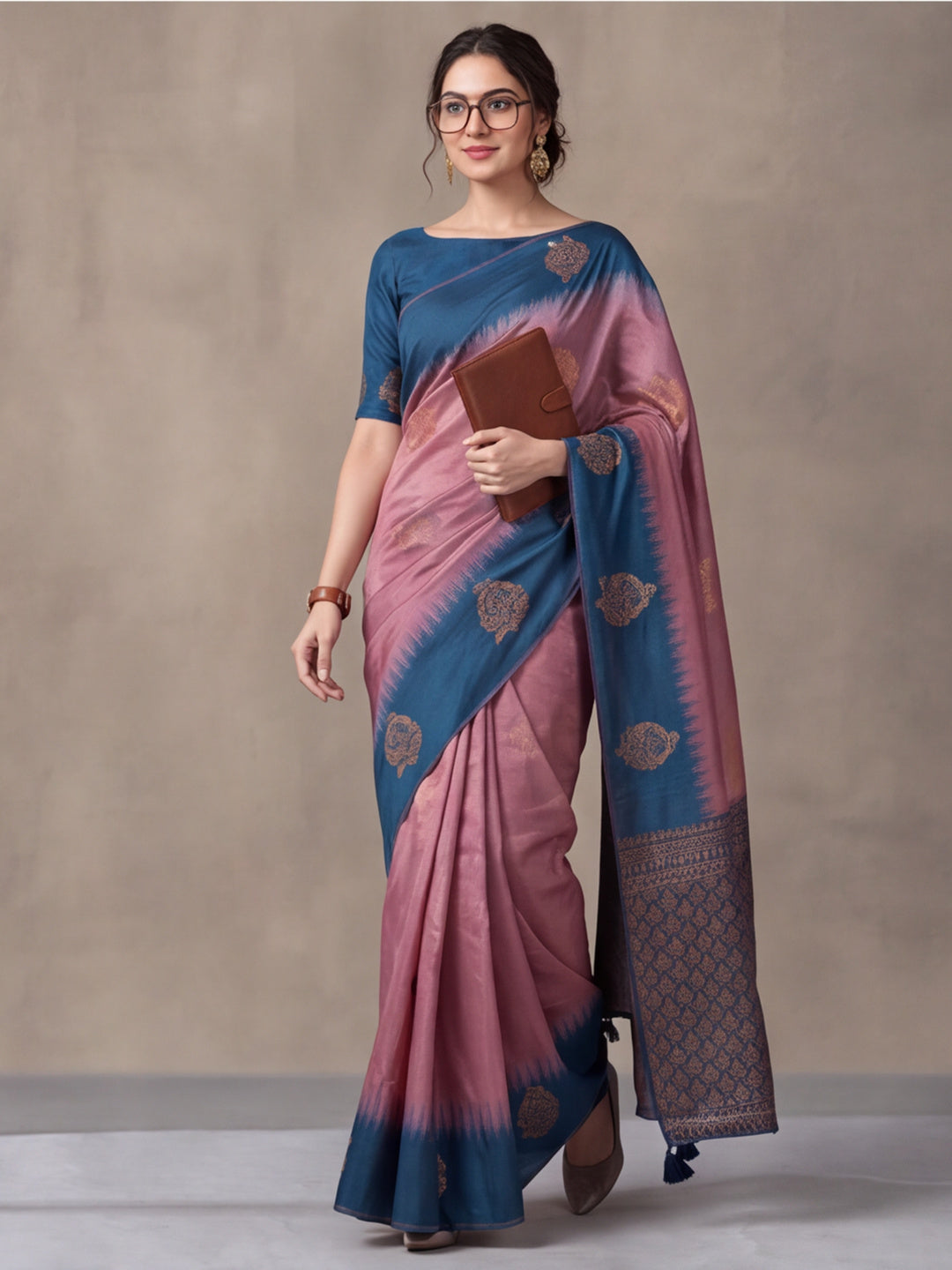 Women Purple & Teal Banarasi Silk Blend Saree with Zari Butti Woven Pallu