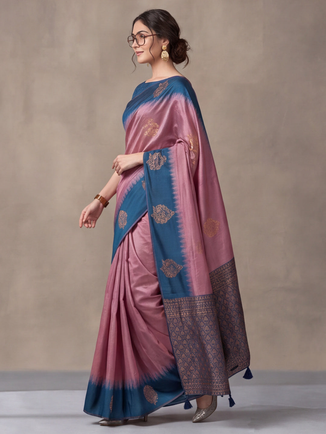 Women Purple & Teal Banarasi Silk Blend Saree with Zari Butti Woven Pallu