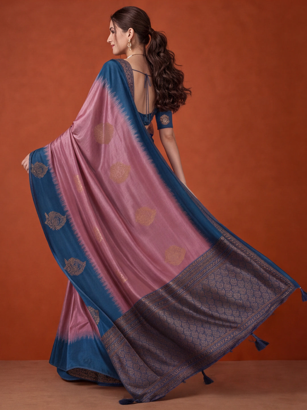 Women Purple & Teal Banarasi Silk Blend Saree with Zari Butti Woven Pallu