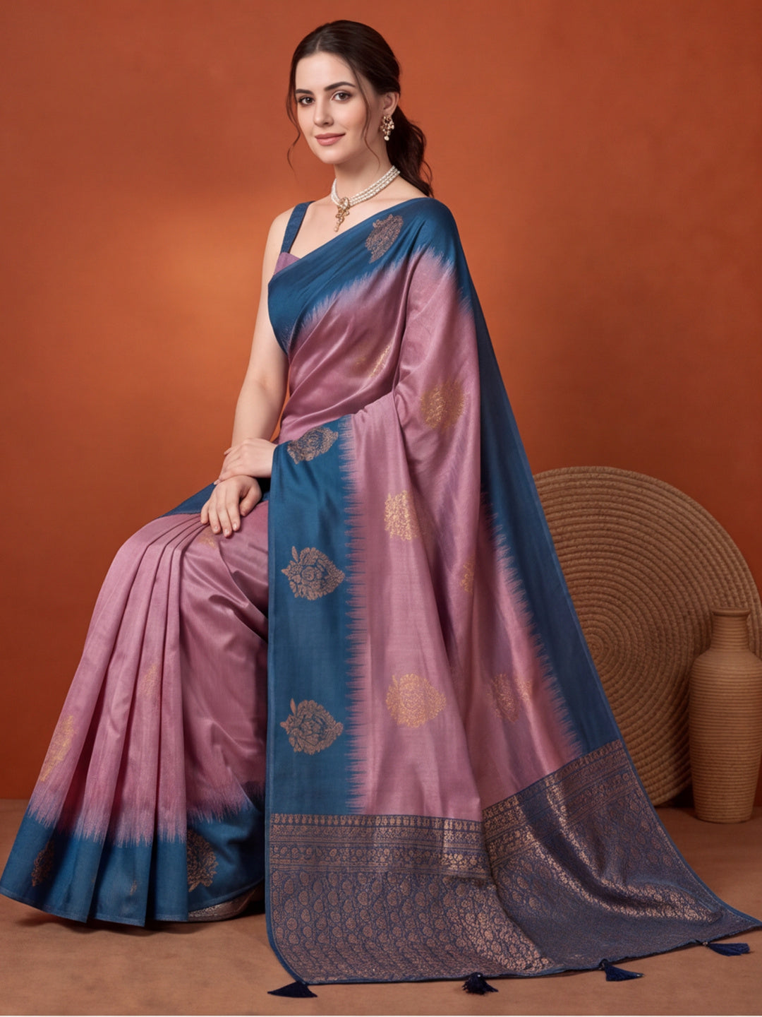 Women Purple & Teal Banarasi Silk Blend Saree with Zari Butti Woven Pallu