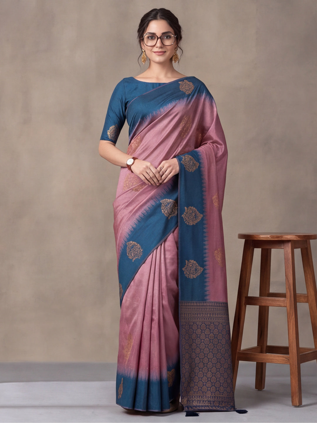 Women Purple & Teal Banarasi Silk Blend Saree with Zari Butti Woven Pallu