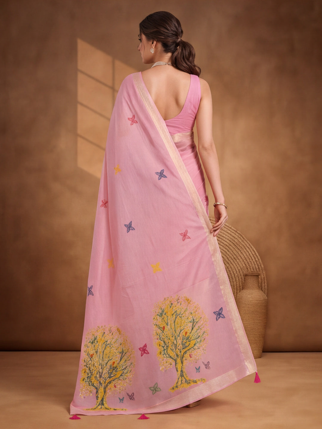 Women Pink Designer Weaving Work Saree with Tree Motif Pallu and Tassel Detail
