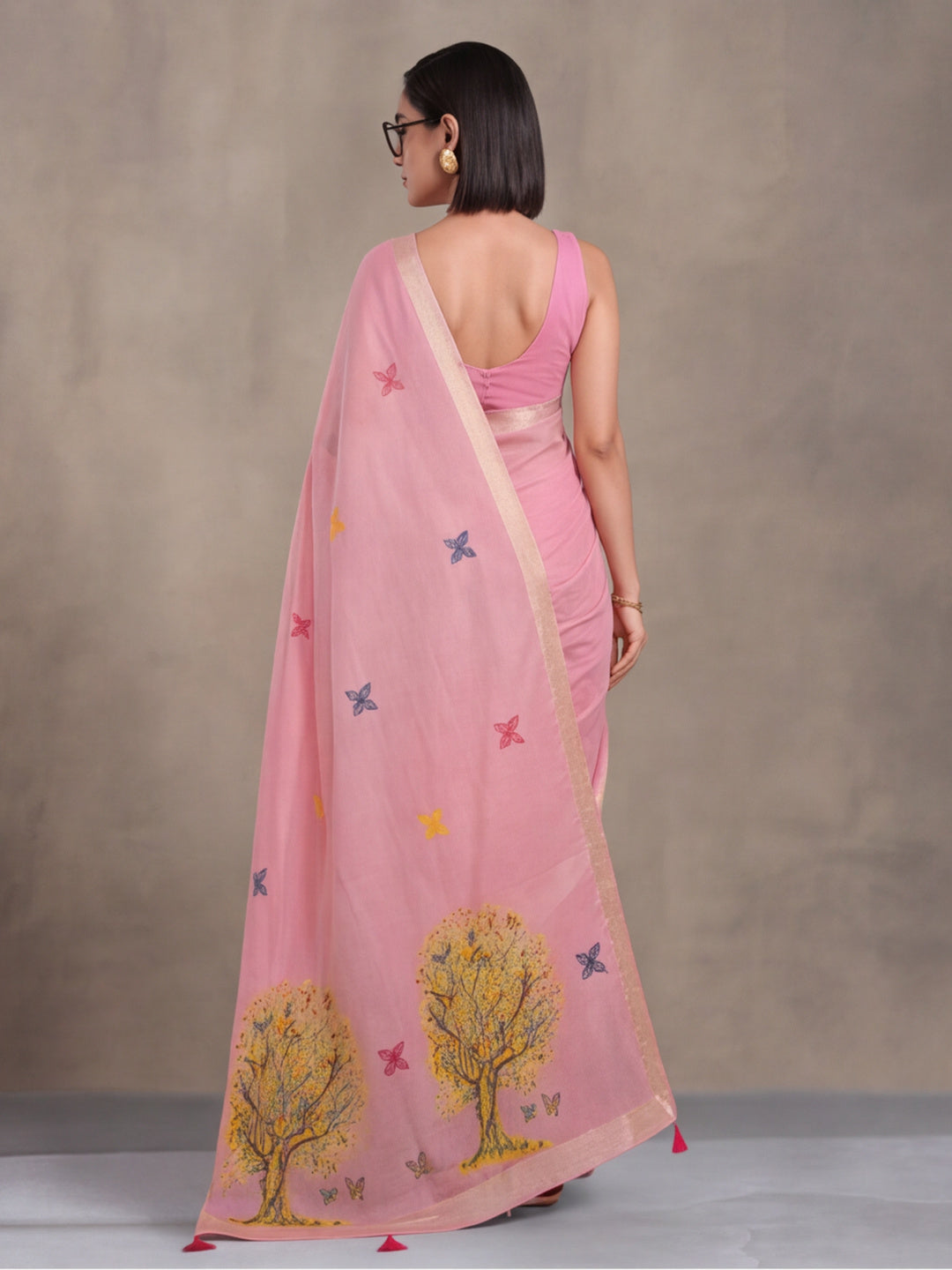 Women Pink Designer Weaving Work Saree with Tree Motif Pallu and Tassel Detail