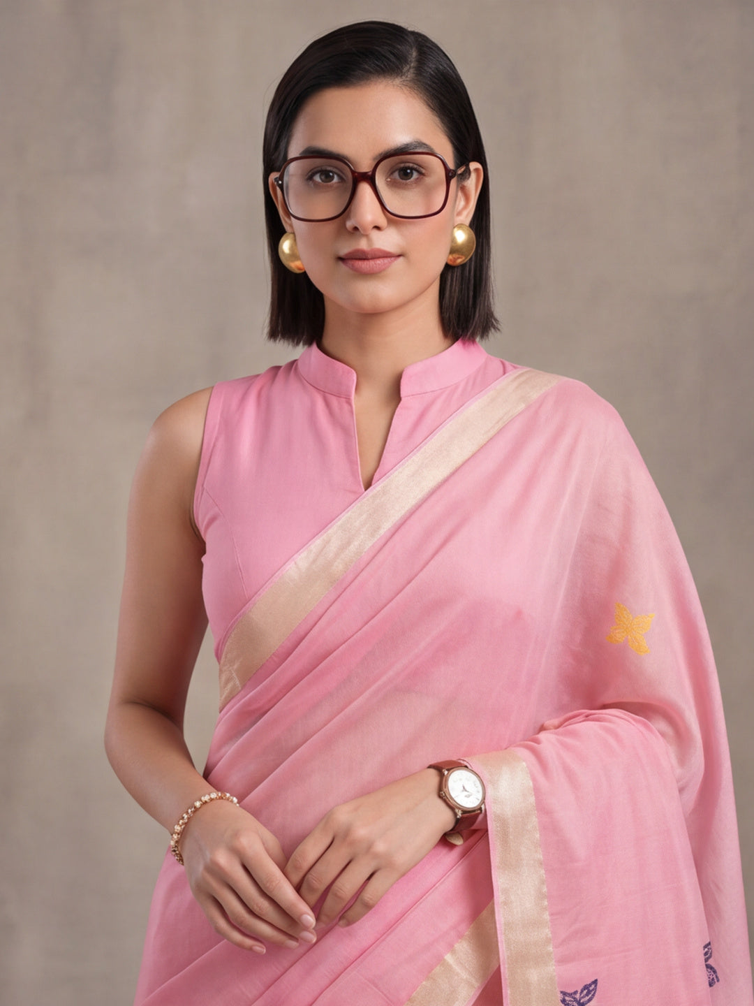 Women Pink Designer Weaving Work Saree with Tree Motif Pallu and Tassel Detail