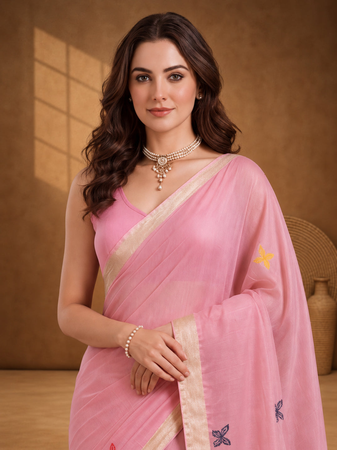 Women Pink Designer Weaving Work Saree with Tree Motif Pallu and Tassel Detail