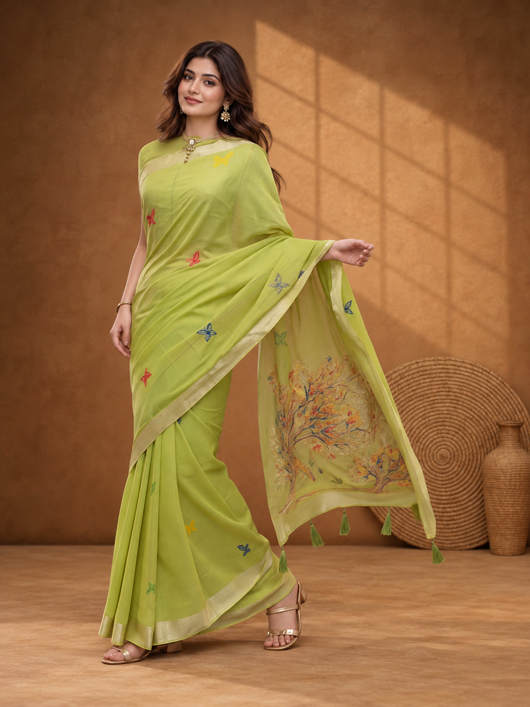 Women Green Designer Weaving Work Saree with Tree Motif Pallu and Tassel Detail