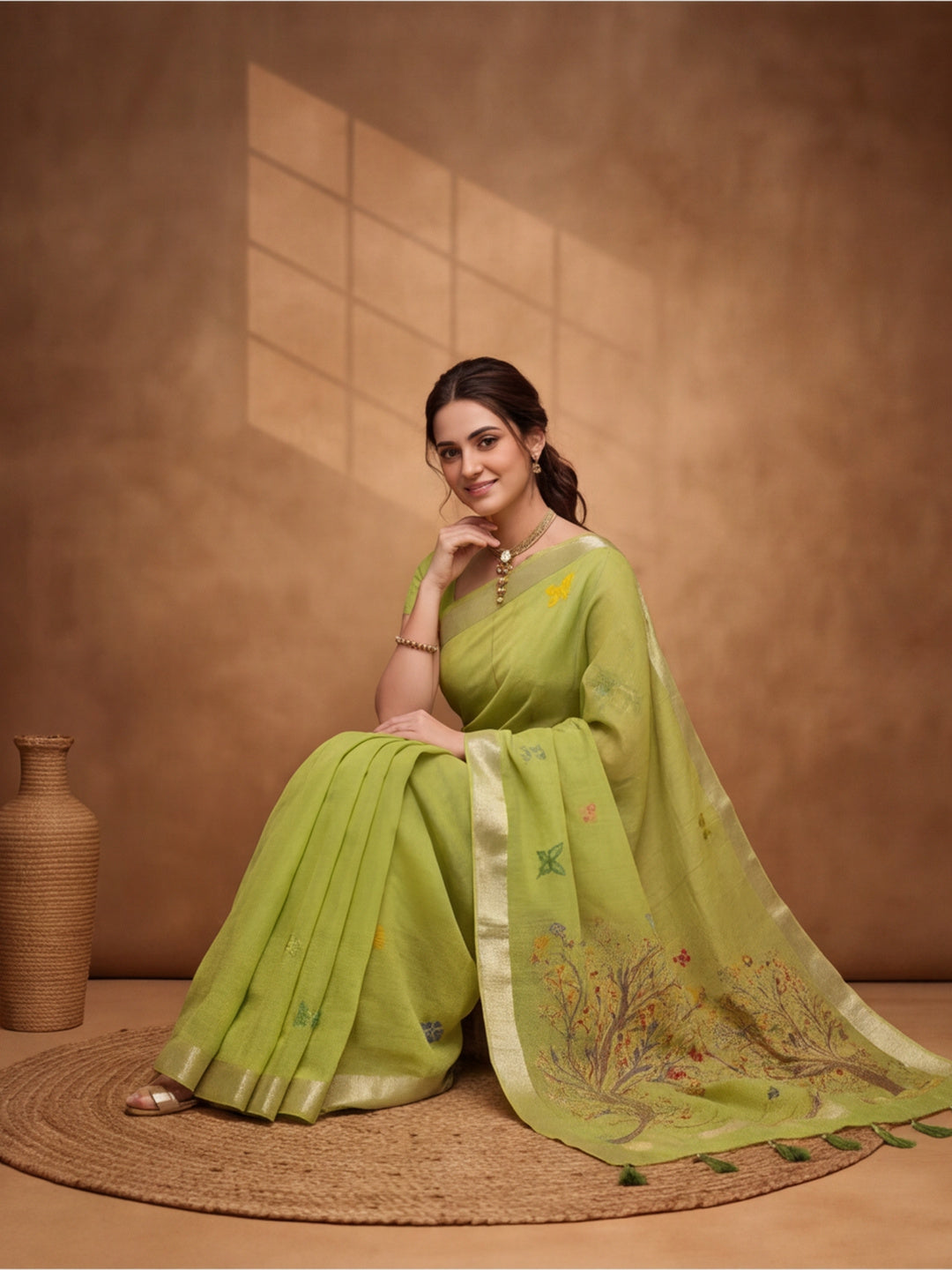 Women Green Designer Weaving Work Saree with Tree Motif Pallu and Tassel Detail