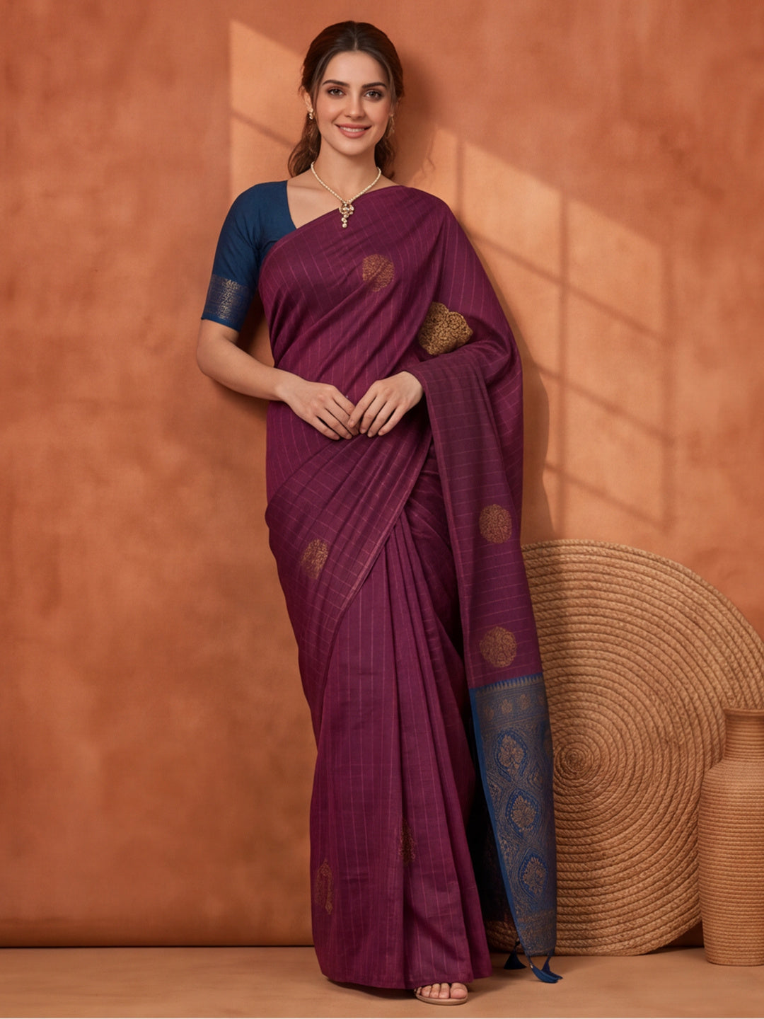 Women Wine Banarasi Silk Blend Saree with Zari Butti Woven Pallu and Tassels