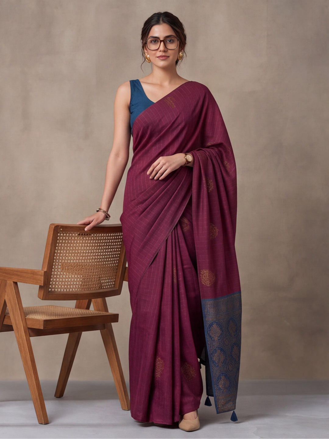 Women Wine Banarasi Silk Blend Saree with Zari Butti Woven Pallu and Tassels