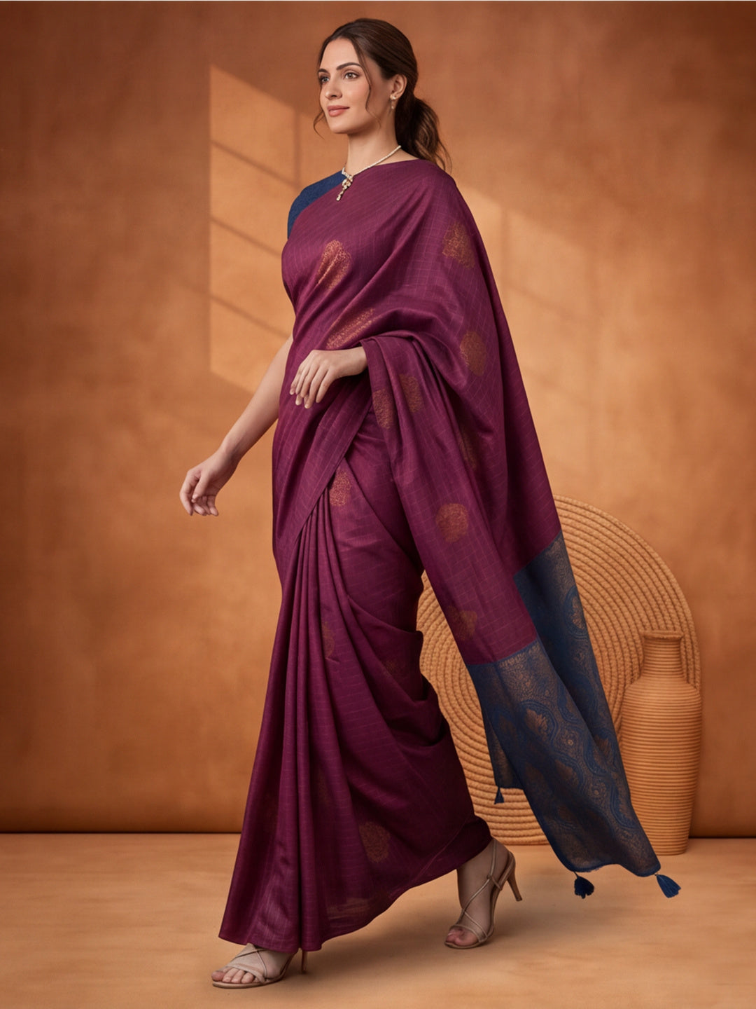 Women Wine Banarasi Silk Blend Saree with Zari Butti Woven Pallu and Tassels