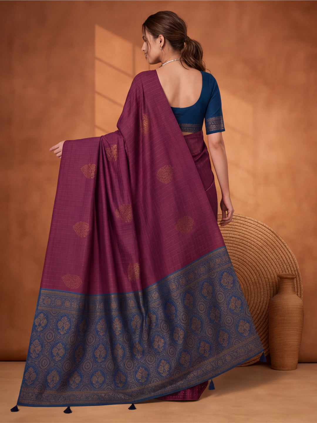 Women Wine Banarasi Silk Blend Saree with Zari Butti Woven Pallu and Tassels