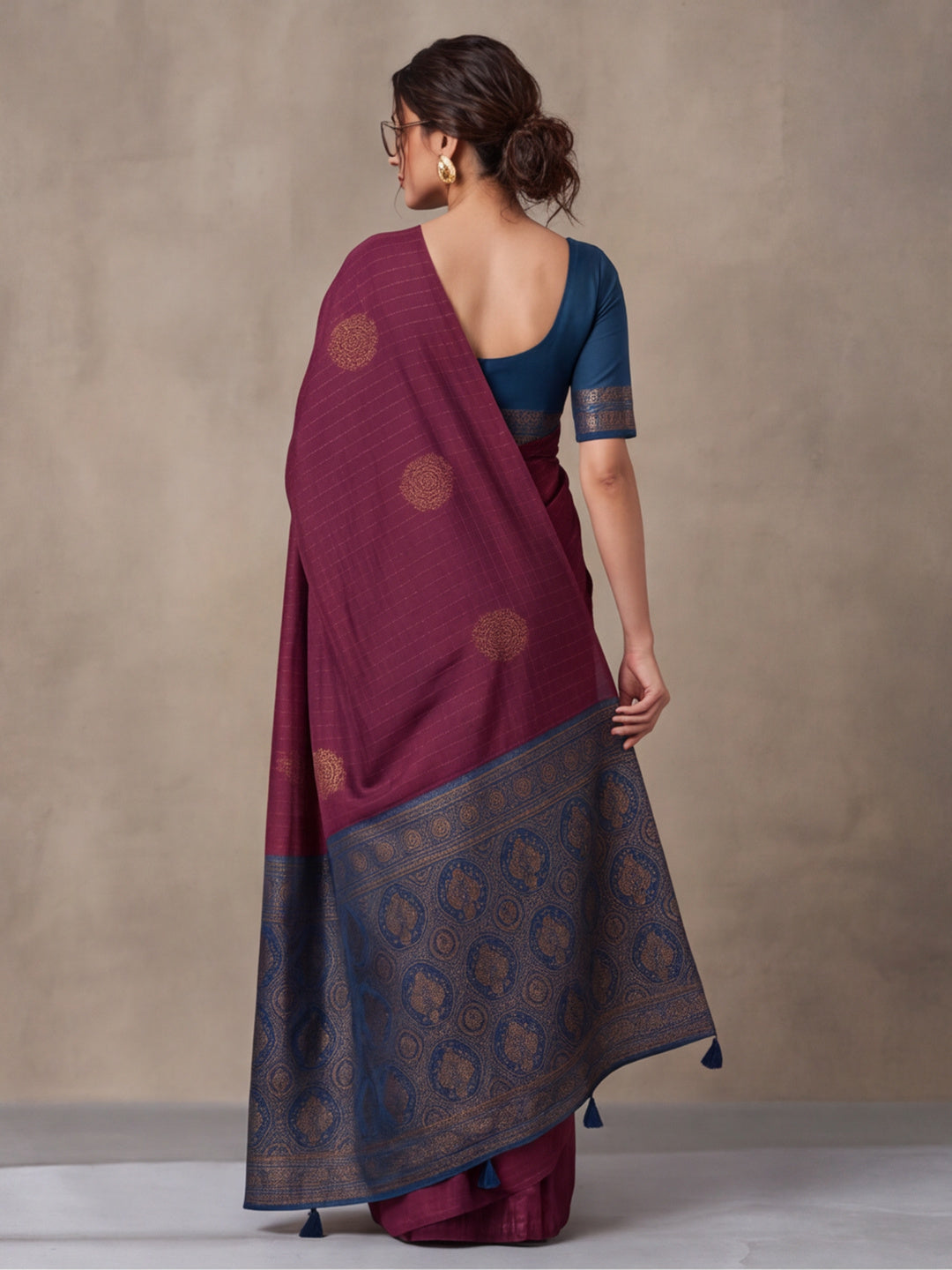 Women Wine Banarasi Silk Blend Saree with Zari Butti Woven Pallu and Tassels
