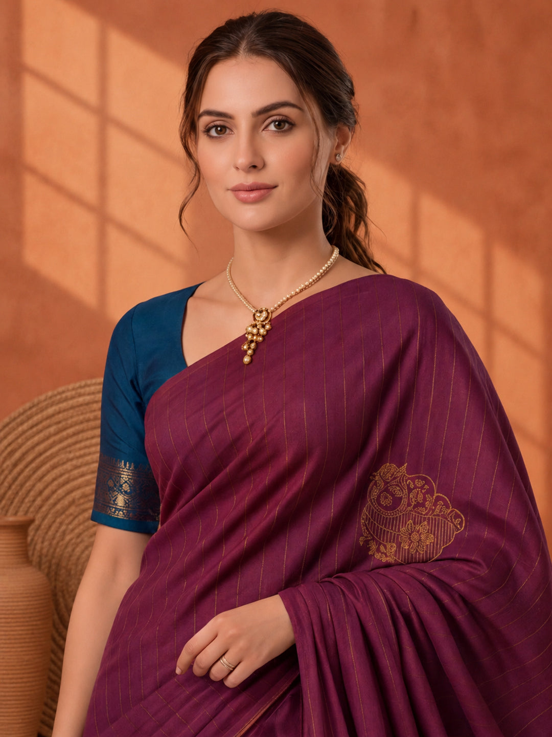 Women Wine Banarasi Silk Blend Saree with Zari Butti Woven Pallu and Tassels