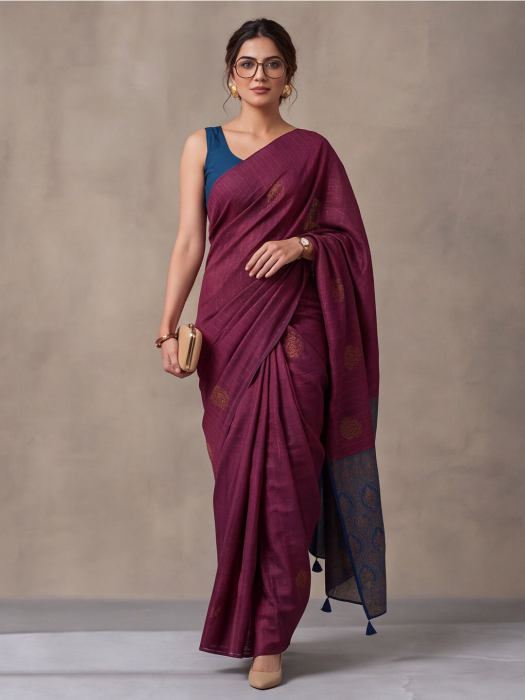 Women Wine Banarasi Silk Blend Saree with Zari Butti Woven Pallu and Tassels