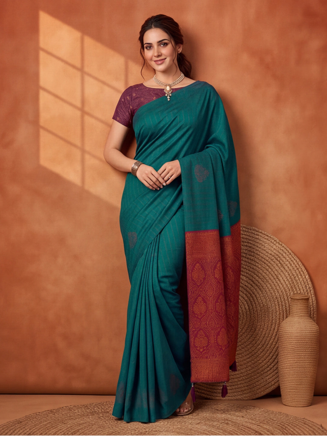 Women Green Banarasi Silk Blend Saree with Zari Butti Woven Pallu and Tassels